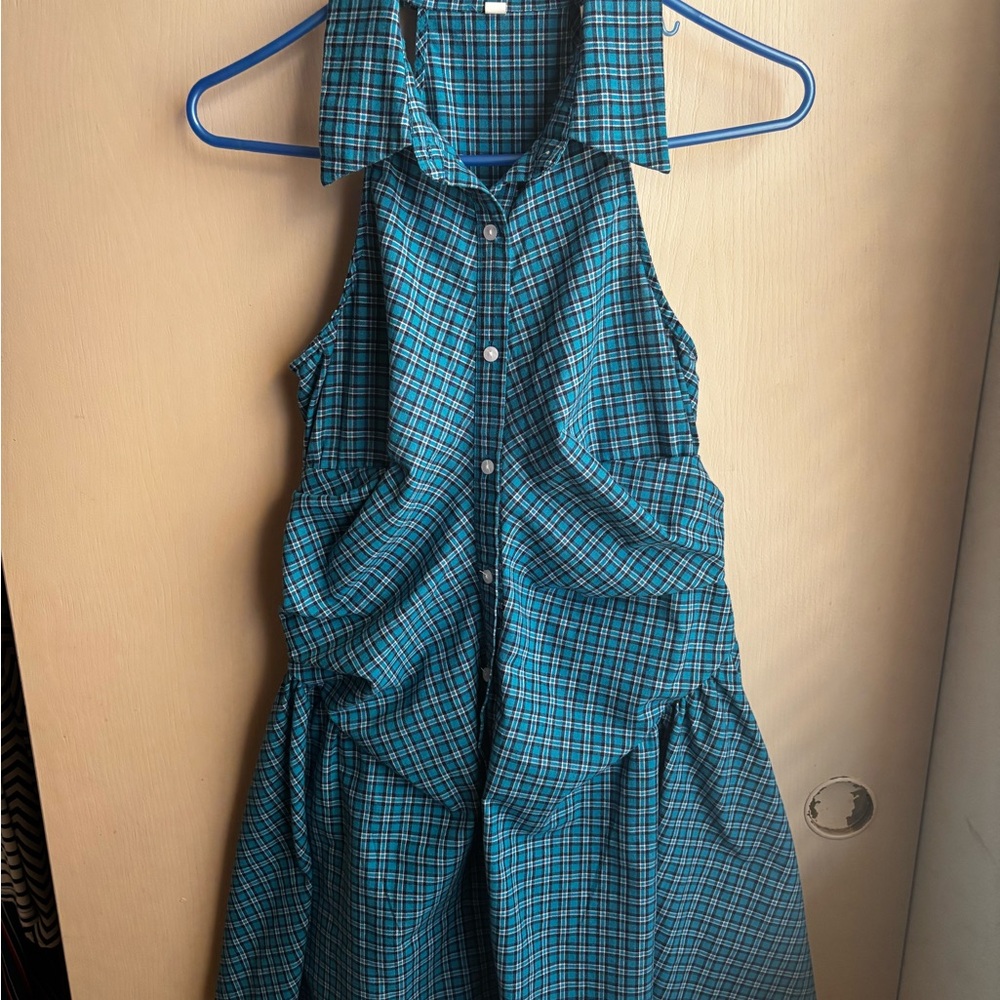 Sleeveless Teal Plaid Button-Front Dress